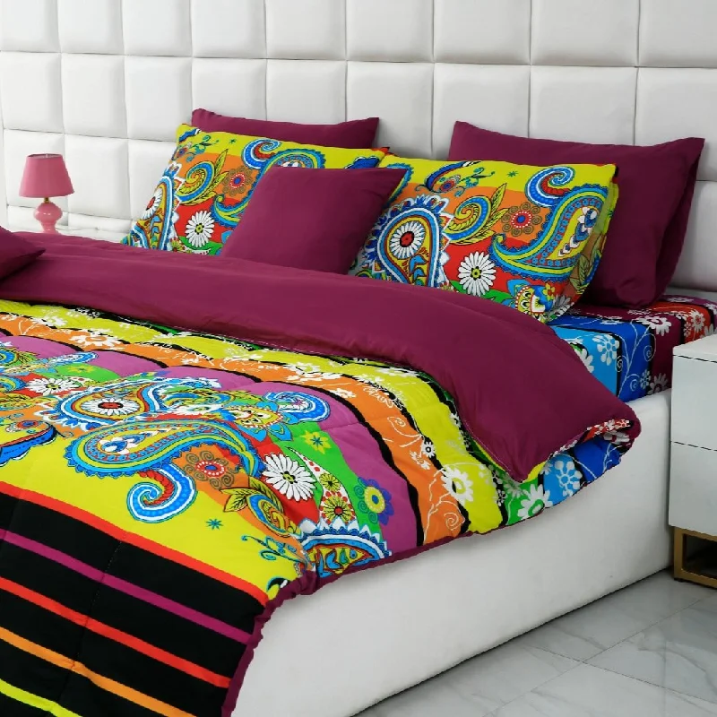 5 PCs Single Comforter Set-Multi Flower (Plum Reverse)