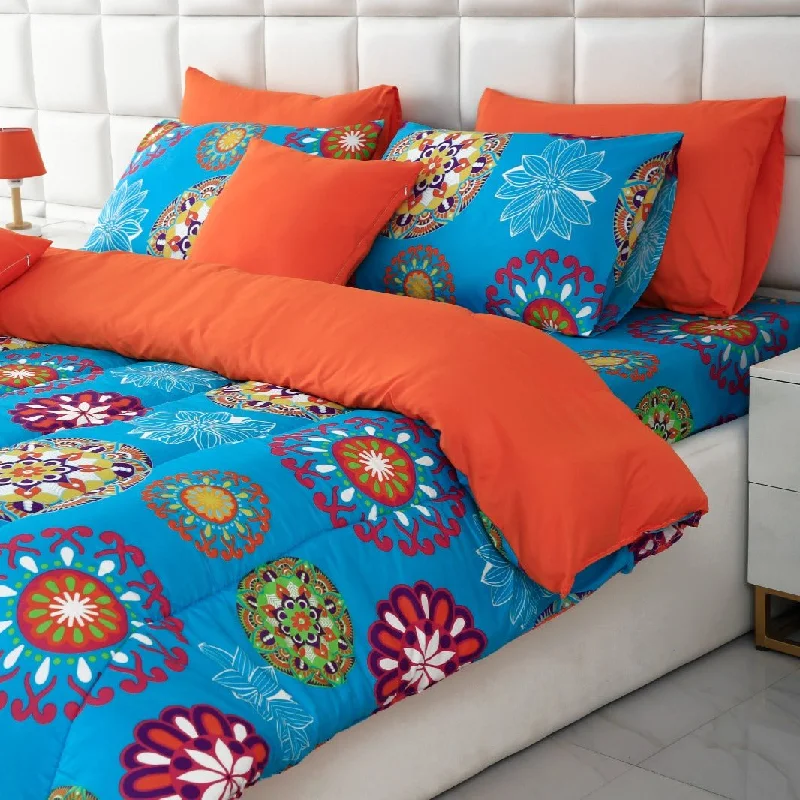 5 PCs Single Comforter Set-(15191)Turquoise Flower