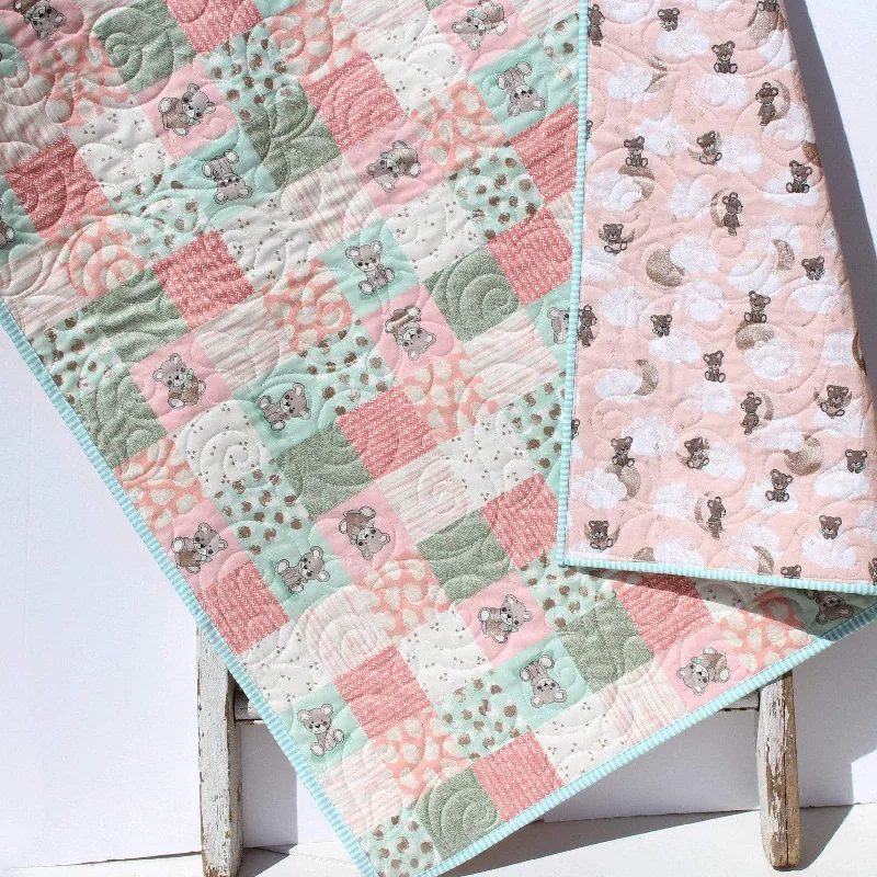 Baby Girl Quilt, Handmade Newborn Blanket, Coral Teddy Bear