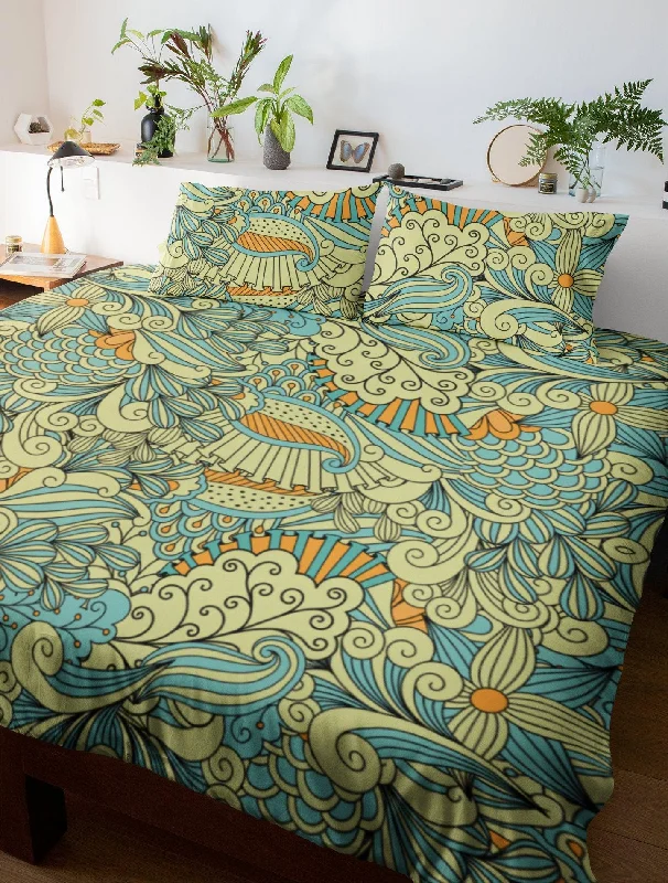 Blue and Yellow Mermaid Paisley Pattern Duvet Cover Set with Pillowcase, Dorm Bedding Set, Comforter Cover