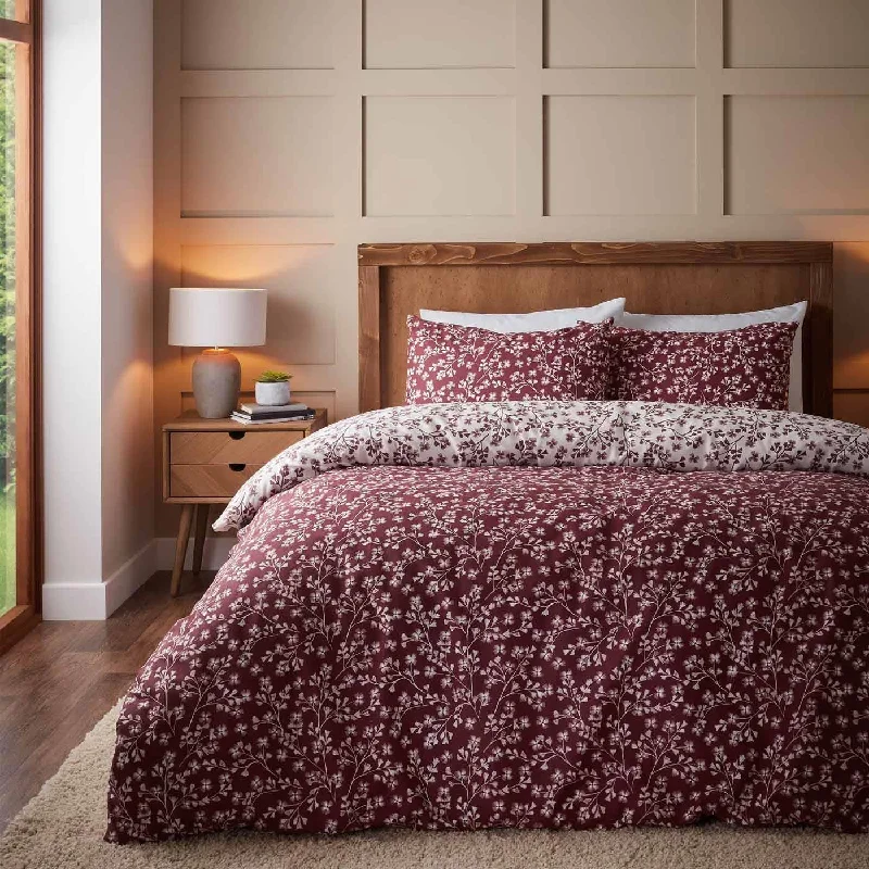 Brushed Grace Floral Leaf Duvet Cover Set Red