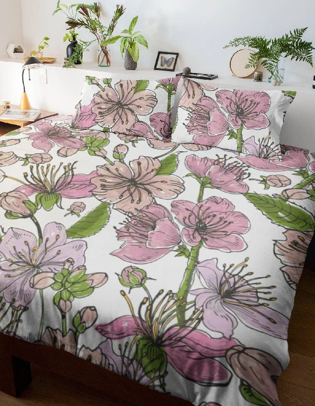 Cherry Blossoms White Duvet Cover Set | Floral Bedding Set with Pillow Cover Case