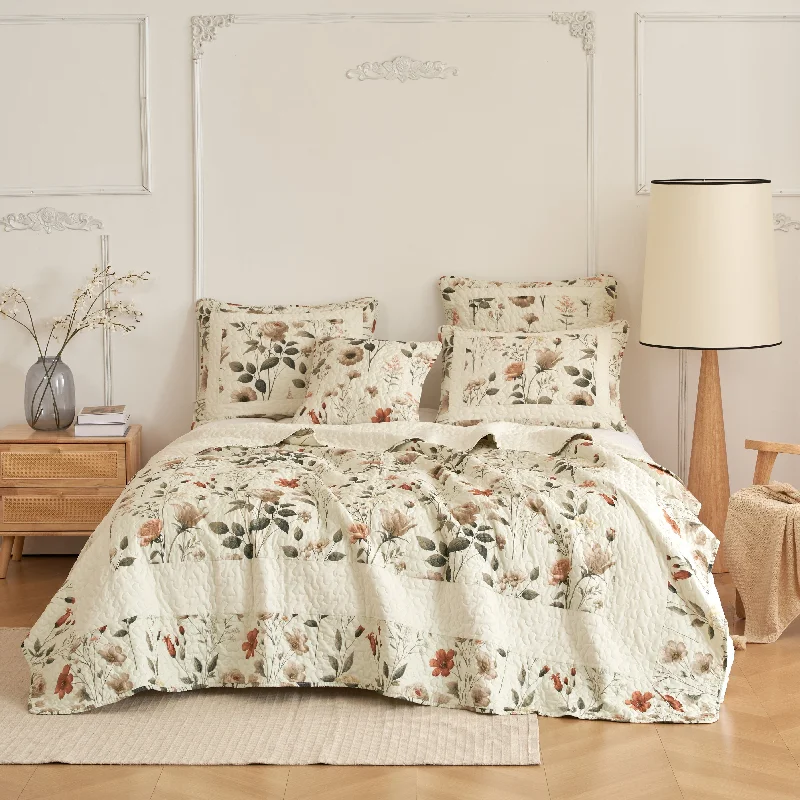 DaDalogy Enchanted Meadow Bed in a bag Set - Victoria Garden Delicate Floral Symphony in Beige, Rose, and Soft Green, Luxuriously Soft Quilted Set