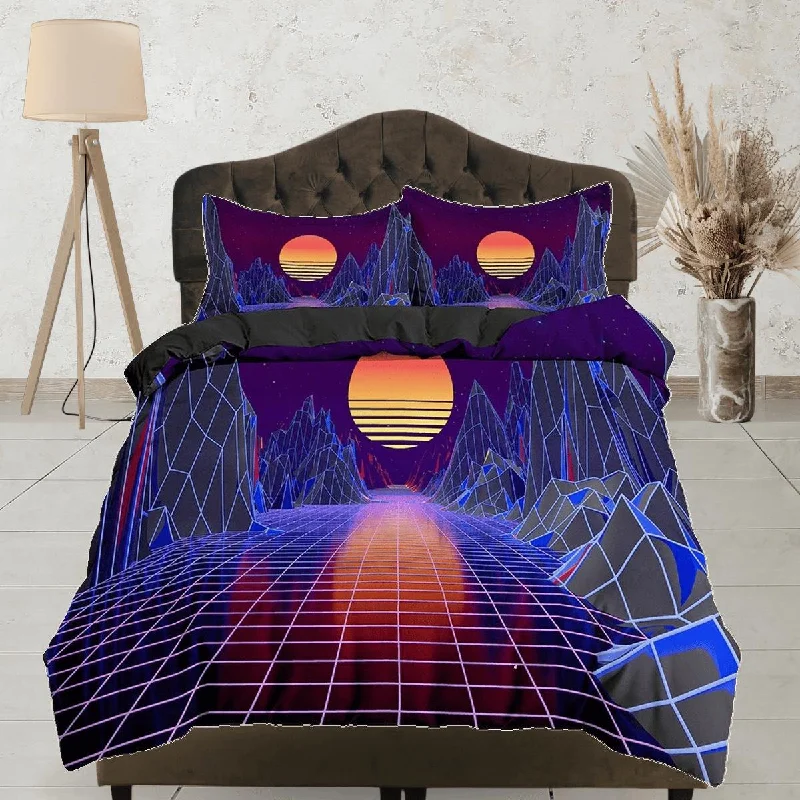 Dark Colored Vaporwave Bedding with Mountains and Sunset, Cool Hippie Duvet Cover Set for Boys Bedroom, Trippy Psychedelic Bed Cover 90s