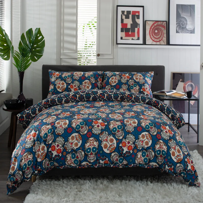 Deyongs Day Of The Dead Cotton Rich 200 Thread Count Reversible Duvet Cover Set