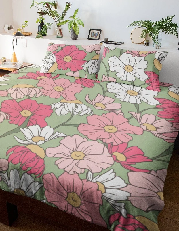 Green Duvet Cover Set Pink Floral Design | Dorm Bedding Set with Pillow Cover Case