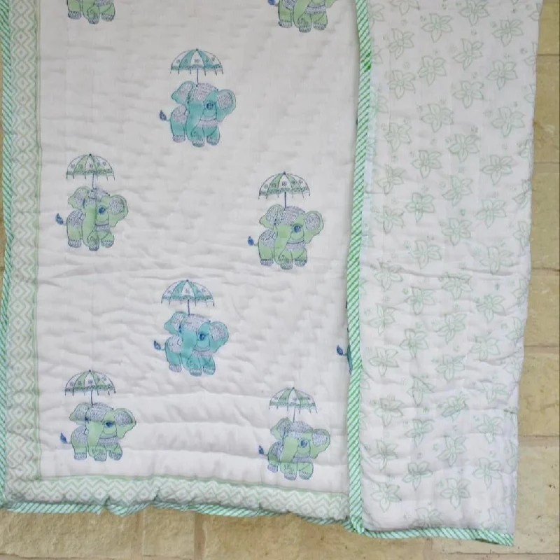 Soft Muslin Cotton Reversible Baby Quilt - Elephant