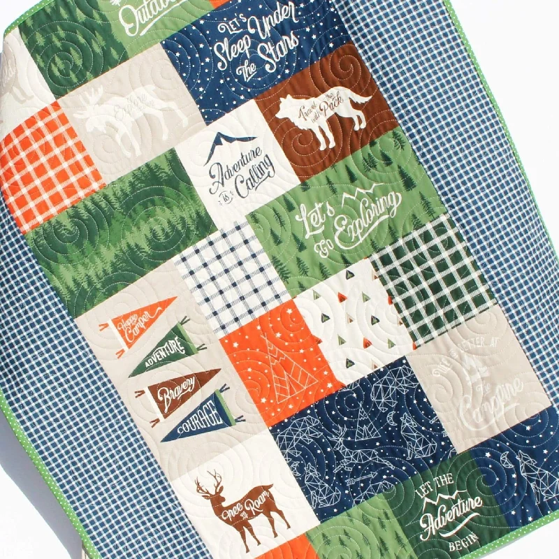 Handmade Baby Quilt, Woodland Theme for Boys, Adventure is Calling, Camping