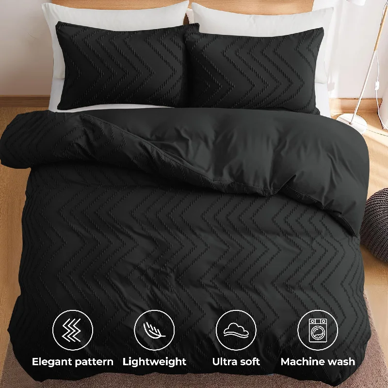 High Quality 3 Piece Wave Clipped Duvet Cover Set with Zipper Closure Black