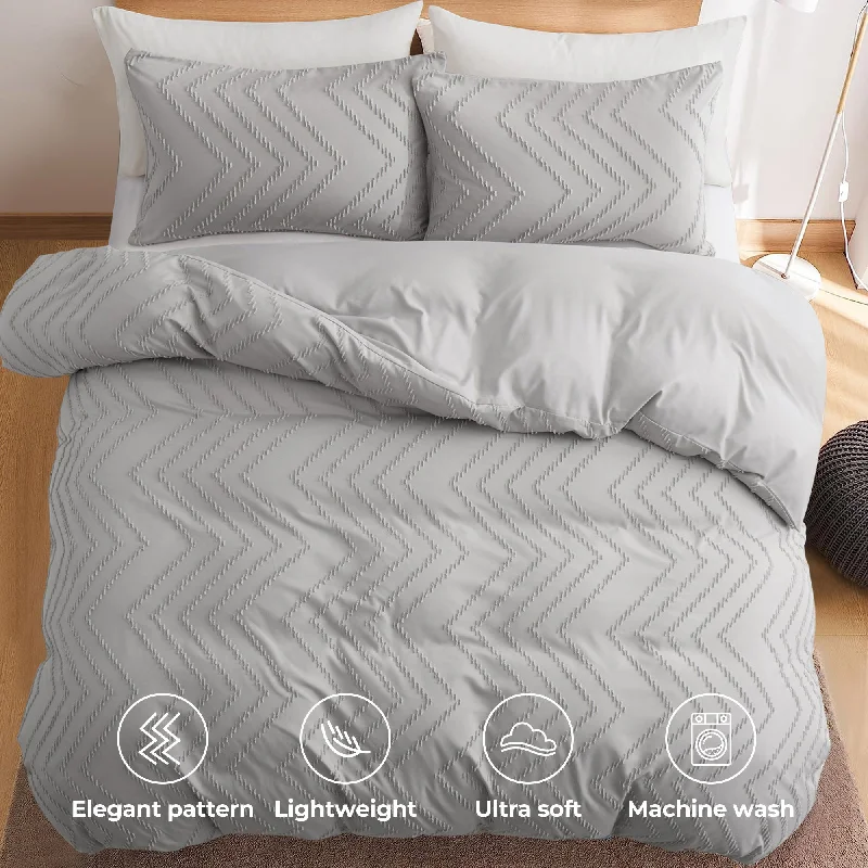 High Quality 3 Piece Wave Clipped Duvet Cover Set with Zipper Closure Light Grey