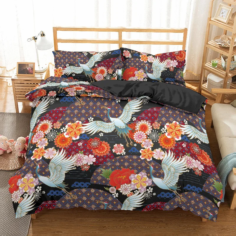 Japanese Black Duvet Cover Set, Floral Kimono & Crane Bird Bedding Set with Pillow Cover Case