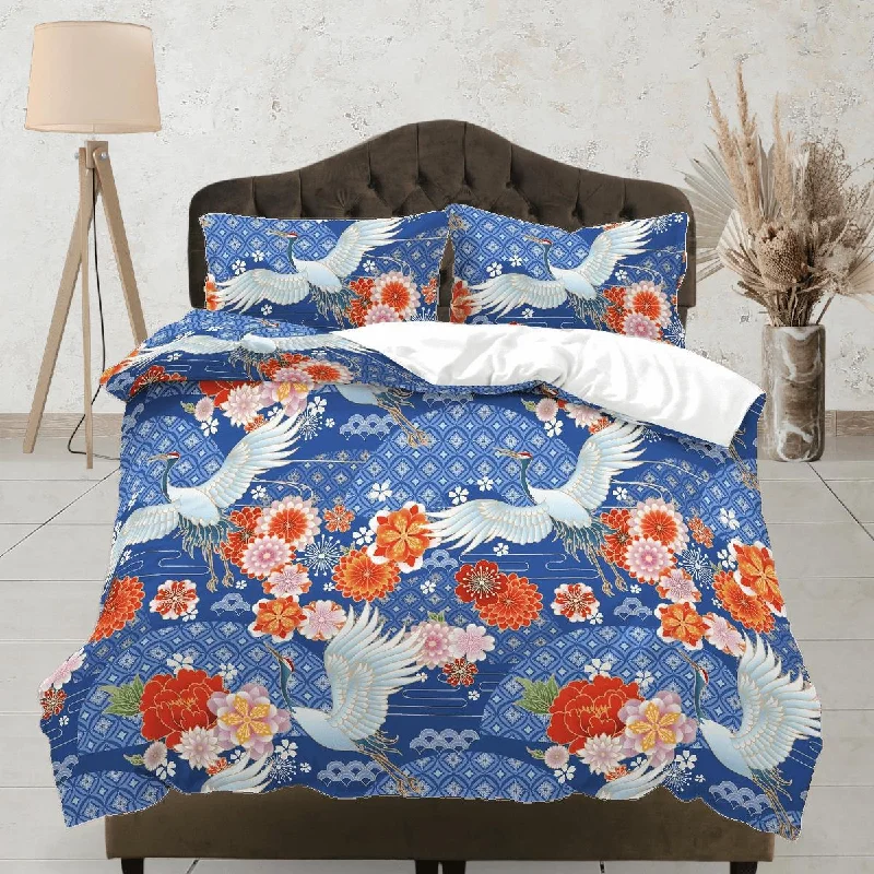 Japanese Blue Duvet Cover Set, Floral Kimono Design Bedding Set with Pillow Cover Case