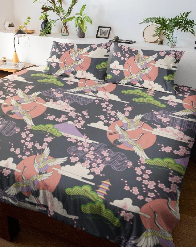 Japanese Grey Duvet Cover Set, Crane Bird & Cherry Blossoms Design Bedding Set with Pillow Cover Case