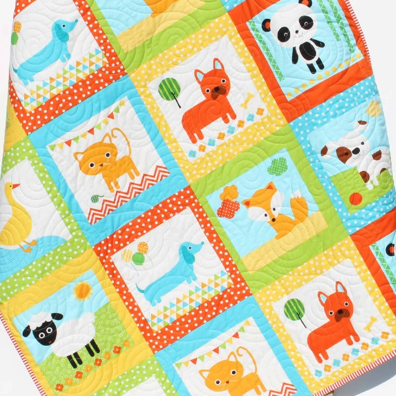 Neutral Baby Quilt, Animal Baby Bedding, Dog Blanket, Blue Orange Yellow