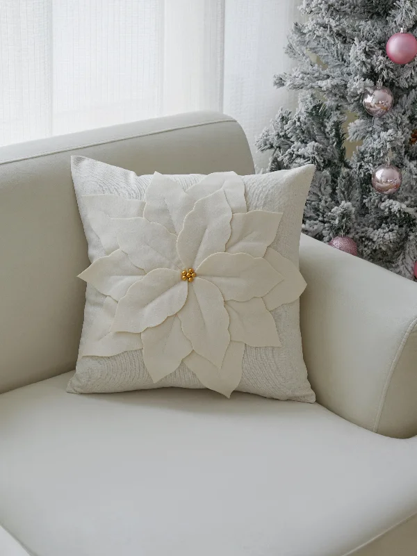 White Poinsette Embroidered Pillow