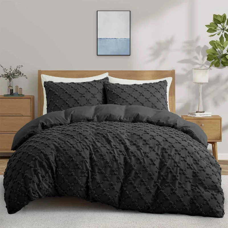 Premium 180gsm 3 Piece Duvet Cover Set Special Clipped Design with Zipper Closure, Cross Flowers Black