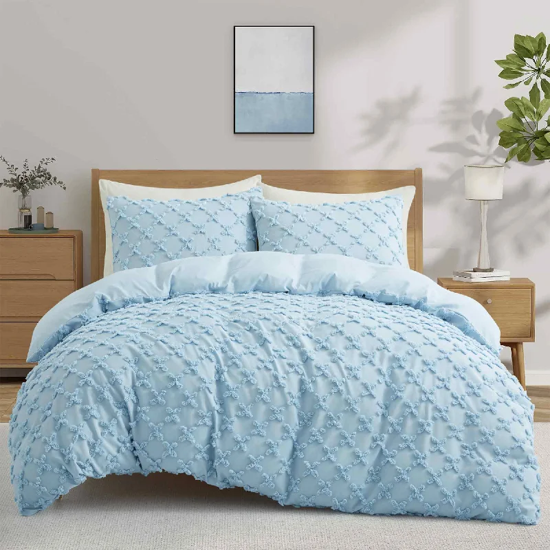 Premium 180gsm 3 Piece Duvet Cover Set Special Clipped Design with Zipper Closure, Cross Flowers Light Blue