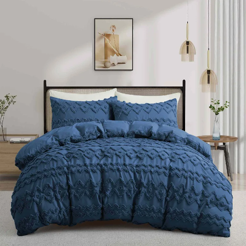 Premium 180gsm 3 Piece Duvet Cover Set Special Clipped Design with Zipper Closure, Wave Flowers Navy Blue