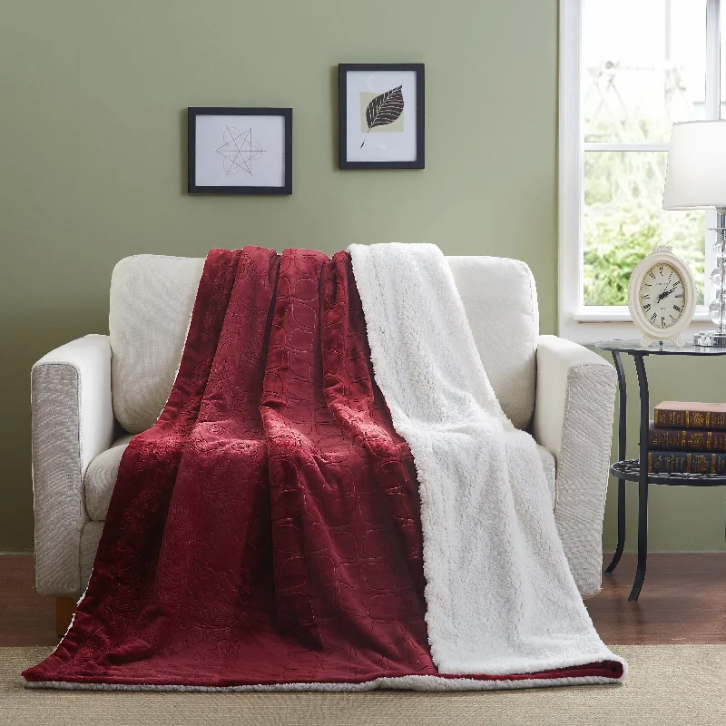 Tache Solid Embossed Merlot Red Sherpa Throw Blanket