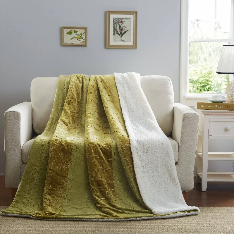 Tache Solid Embossed Green Olive Sherpa Throw Blanket