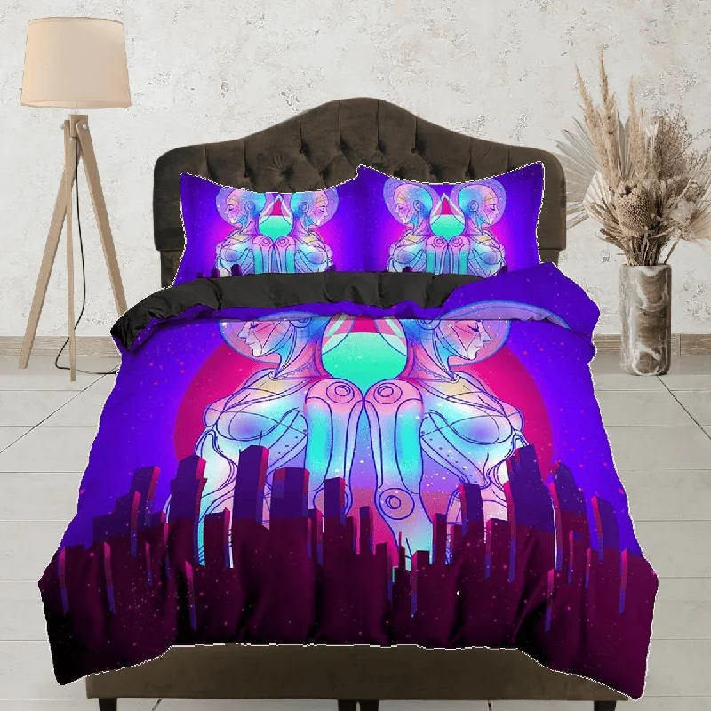 Trippy Art Skyscraper City Buildings Purple Bedding, Cool Hippie Psychedelic Duvet Cover Set, Vaporwave Unisex Bed Cover, 90s Neon Lights