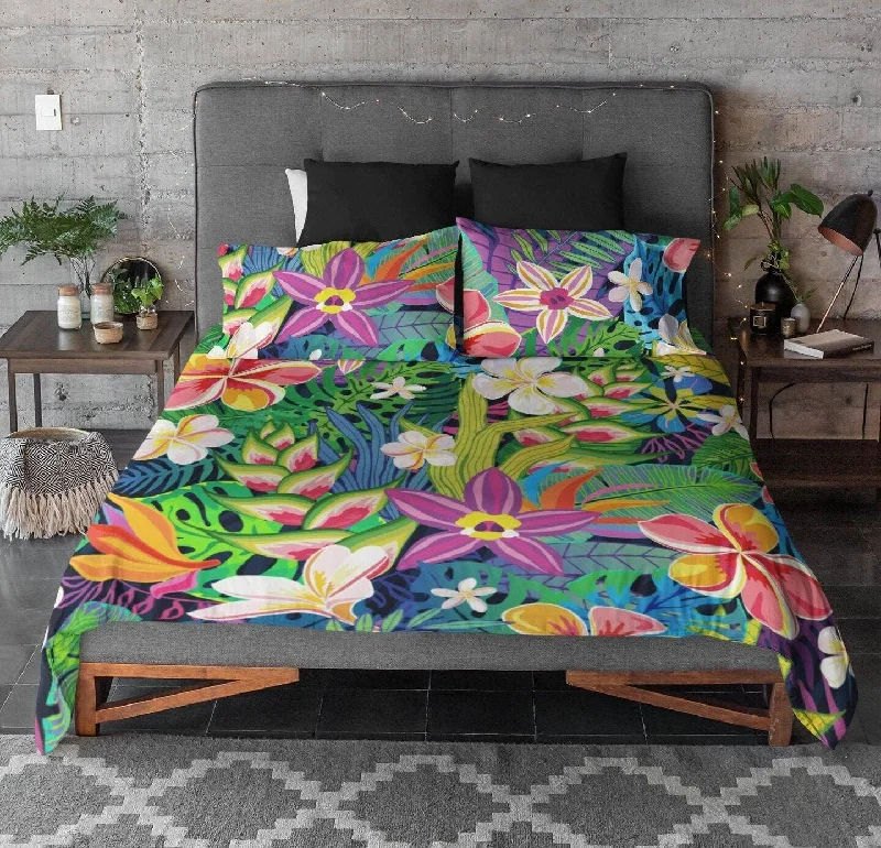 Tropical Design Duvet Cover Set | Colorful Comforter Cover with Flowers in Bright Colors | Cover for Weighted Blanket and Pillows