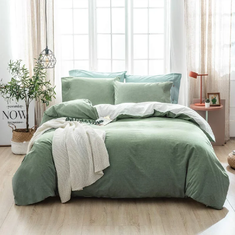 100% Washed Cotton 3 PCS Reversible Duvet Cover Set - Mineral Green & White